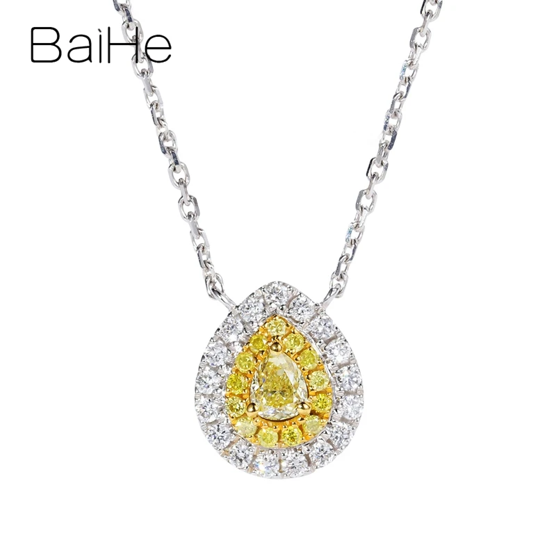 BAIHE Твердые 18K Белое Золото 0.28ct H/SI Груша + круглый натуральный бриллиант желтый