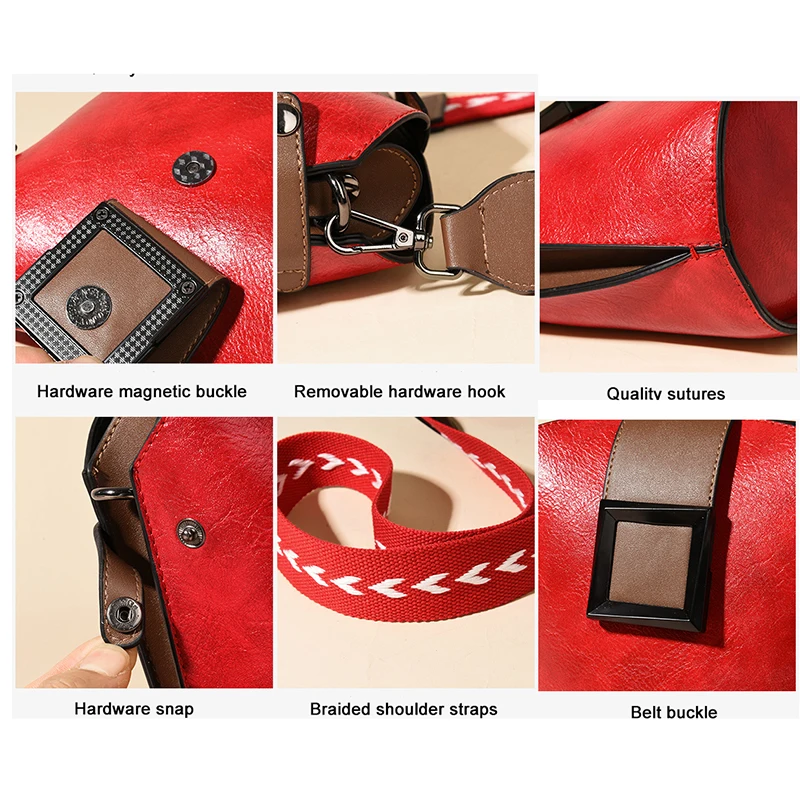 

Retro Oil Leather Bucket Small Bag Women 2020 New Temperament Simple Wide Shoulder Strap Shoulder Messenger Bag Lady's Two Sets