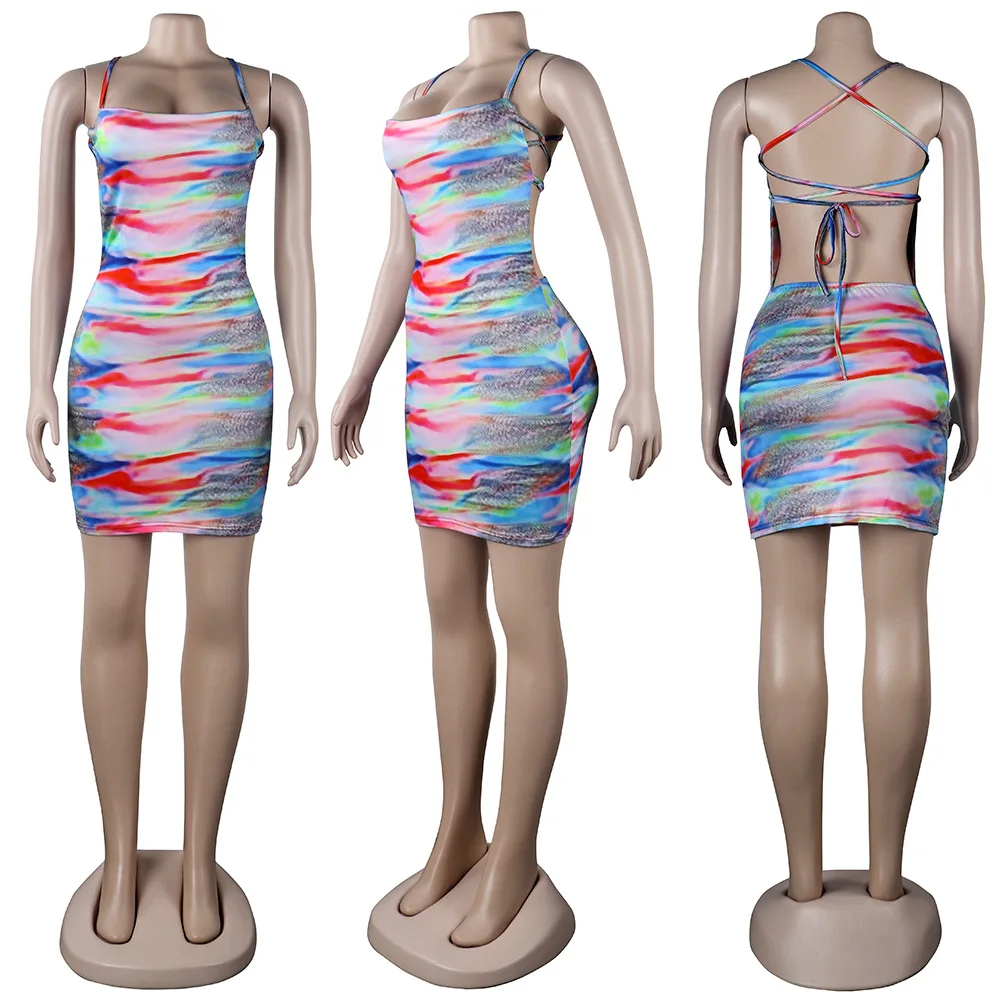 

2021 European new sexy multicolor printed party dress slim fitting square neck women's suspender vest miniskirt