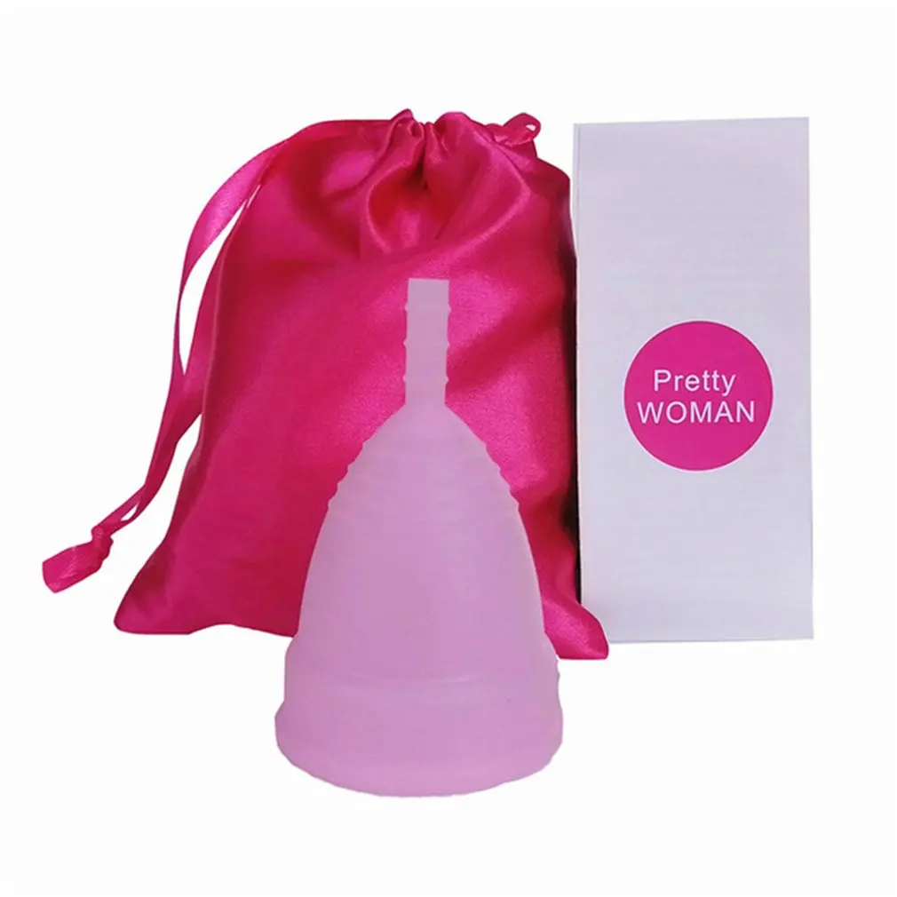 Pink with bag Многоразовая Мягкая силиконовая менструальная чашка, большие и маленькие размеры, три цвета, товары для гигиены и здоровья для женщин - Цвет: Pink with bag