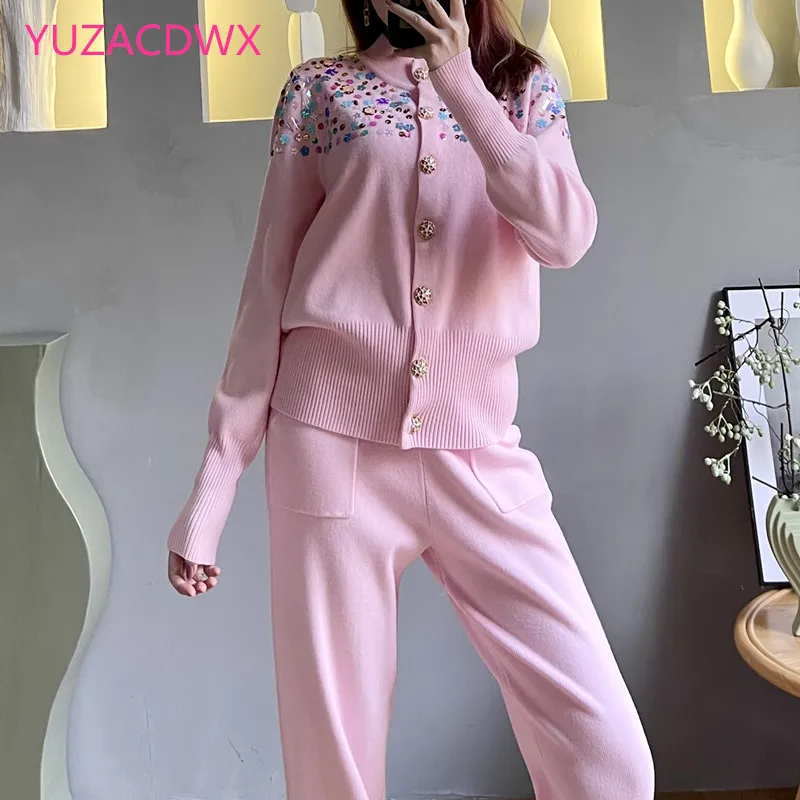 2022 Spring Knitted Suit Women Autumn Long Sleeve Sweater coat+Pant Two Piece Set Casual Fashion trouser suits Tracksuits