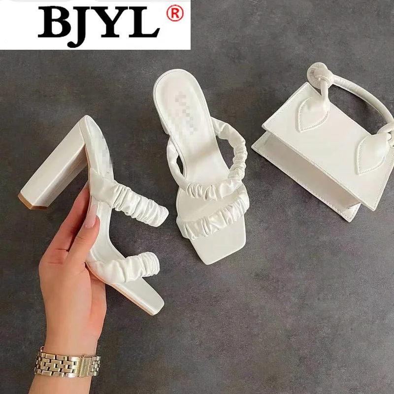 

High Heels Women Fashion Slippers Square Toe Sandals Women 2021 Open-toed Shoes Summer Beach Slippers Elastic Women's Sandals