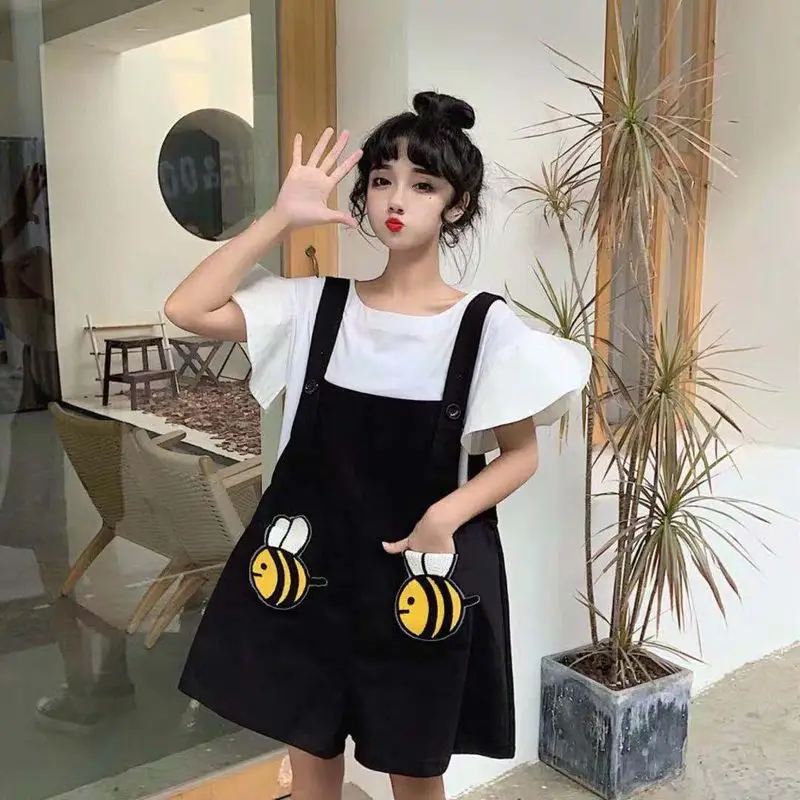 

[Set] Overalls + T-shirt set for women Korean all-match ruffled sleeve t-shirt cute student funny embroidery loose summer suits