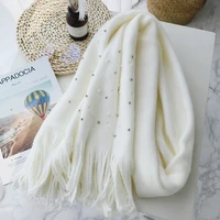 hot female pearl cashmere scarf women lades ladies shawl winter poncho long tassel wrap stole scarves warm off white solid color