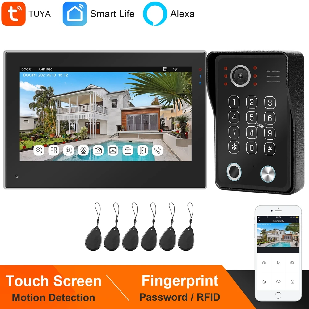 TUYA Smart WIFI Intecom System Works Alexa Home Door Phone  7 Inch Touch Screen  Video Doorbell Keypad Fingerprint RFID Password