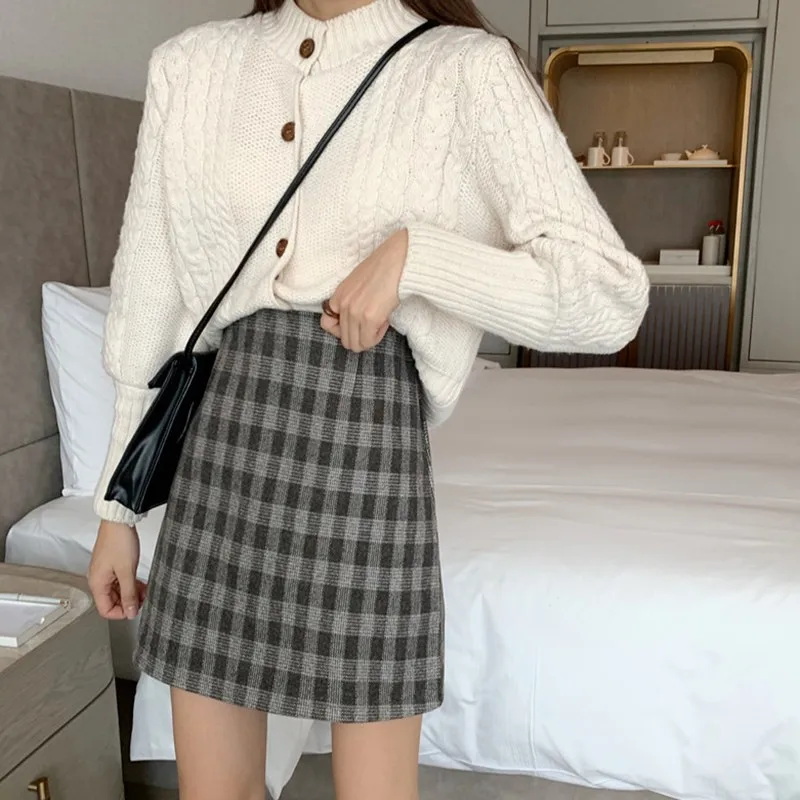 

Skirts Spring Autumn Vintage Plaid High Waist Thin Bag Hip Office Casual Skirts For Women