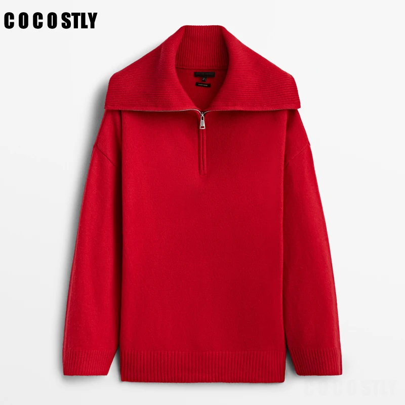 Новинка 2022 красный Однотонный женский вязаный свитер на молнии с высоким