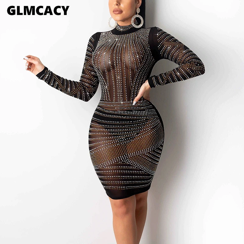 Женское блестящее мини платье стразы прозрачное Сетчатое лоскутное облегающее с
