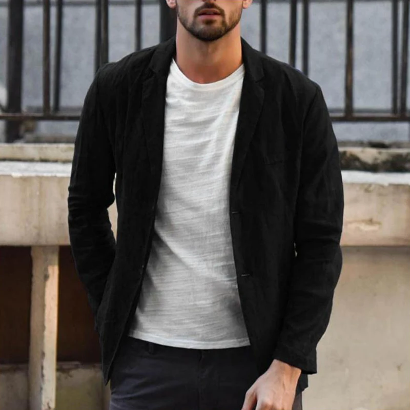 

Spring Single Button Pocket Top Business Blazer Autumn Solid Office Men Cardigan Overcoat New Turn-down Collar Men Jacket Coat