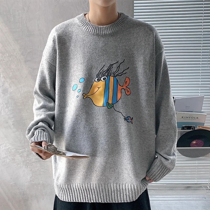 

SingleRoad Mens Knitted Sweater Men 2020 Winter Printed Anime Harajuku Jumper Korean Style Oversized Pullover Khaki Sweater Men