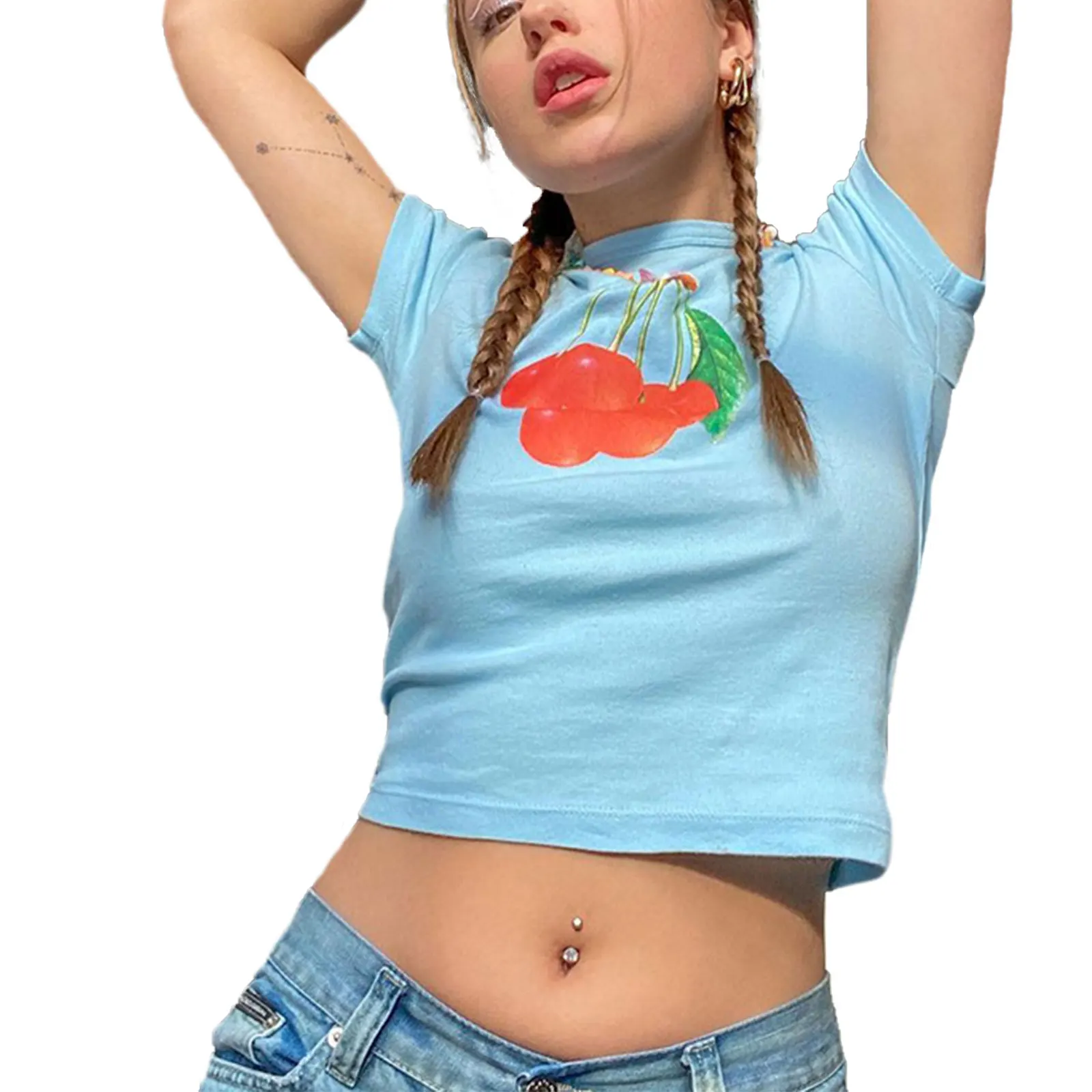 

Ladies's Casual Short Sleeve T-shirt Fashion Cherry Printing Slim Fit Exposed Navel Tops