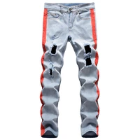 2021 mens stretch denim ripped jeans stripe lines printed holes distressed slim straight pants casual denim trousers