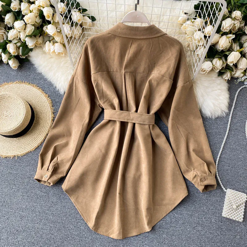 

Women 2021 New Autumn Winter Shirts Retro Cargo Style Pockets Long-Sleeved Shirt Puff Sleeve Bandage Nipped Waist Tops Female