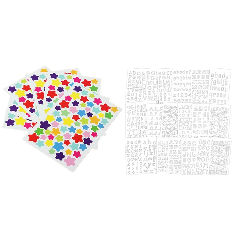 

6 Sheets Self Adhesive Photo Album Craft Stickers-Star & 20Pack Letter And Number Stencils Reusable Alphabet Stencils