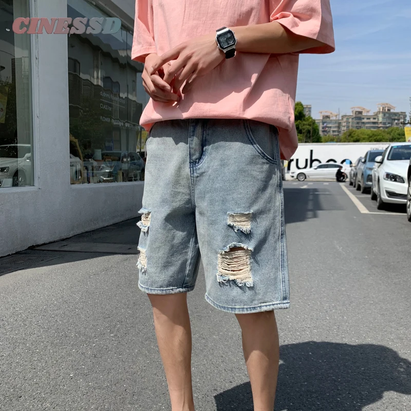 

CINESSD Hong Kong style five-point pants men's ripped denim shorts summer autumn jeans loose casual pants men