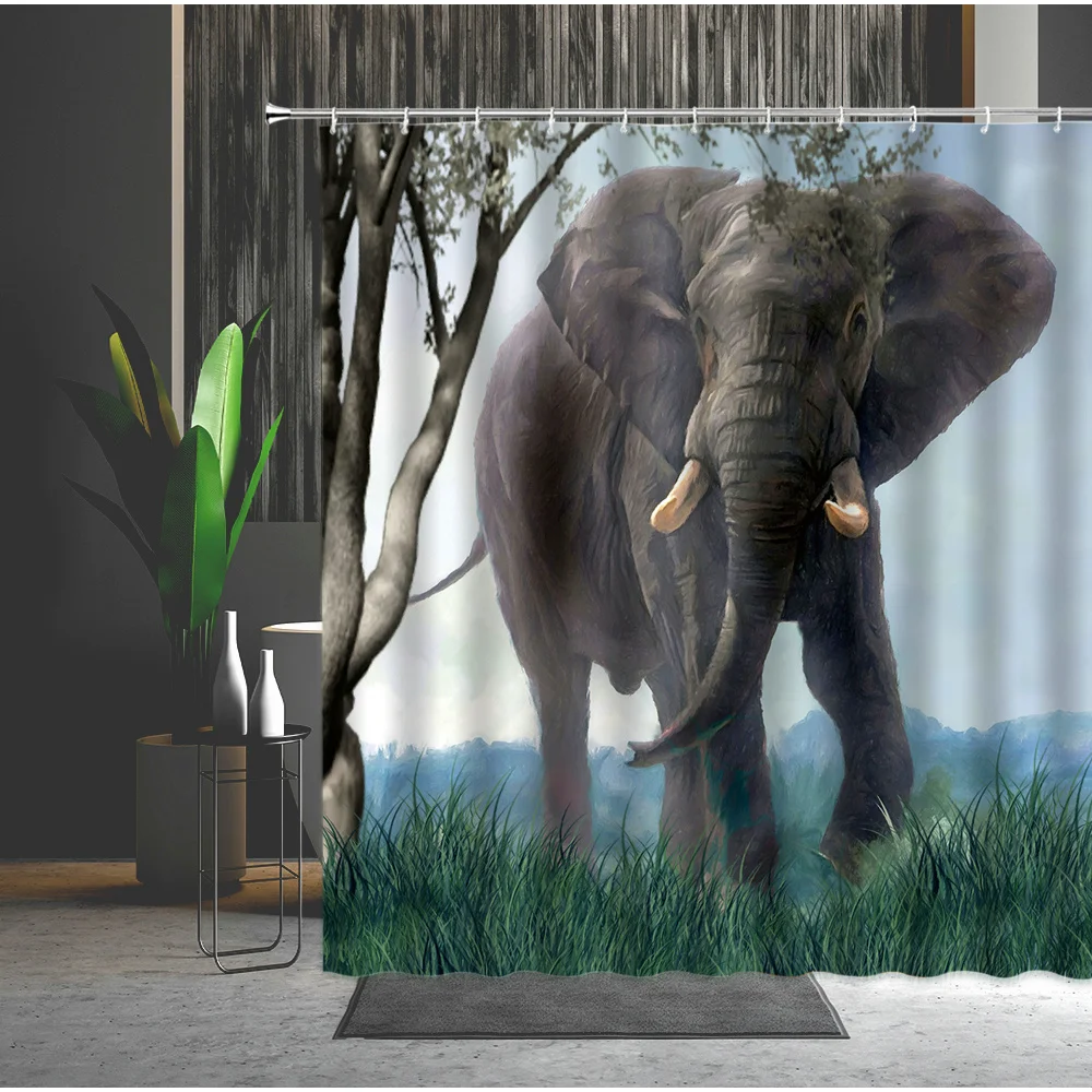 

Elephant Shower Curtain Set Funny Animal Bathroom Curtains Waterproof Bathtub Home Decor Polyester Cloth Bath Curtain With Hooks