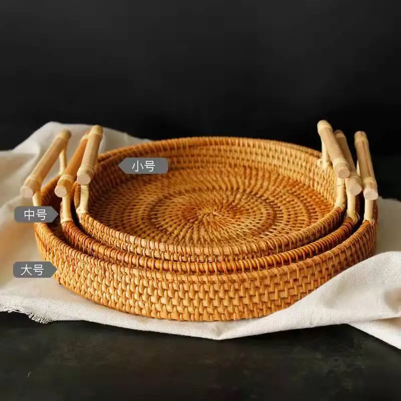 

Круглая корзина ручной работы из ротанга, поднос с ручкой, поднос для хлеба, фруктов, еды, тарелка для завтрака, напитков, женская коробка для...