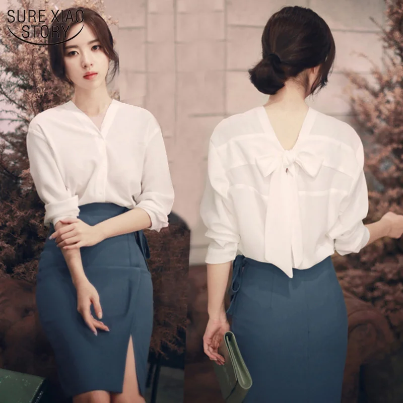

Korean Style Solid White Chiffon Blouse 2021 Autumn Long Sleeve Back Bow V-neck Women Tops and Blouse Office Lady Style 11571