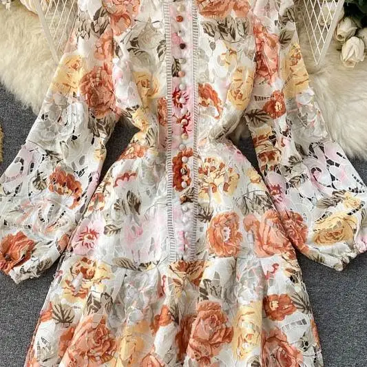 

2020 High-end custom Brand Design Romantic Flower Print Hollow Embroidery Lace Dress Women Lantern Sleeve Single-Breasted Dress
