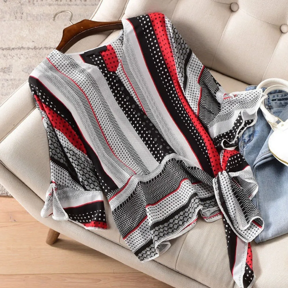 Винтажные топы и блузки с принтом корейские шикарные офисные дамские 2020 Летние