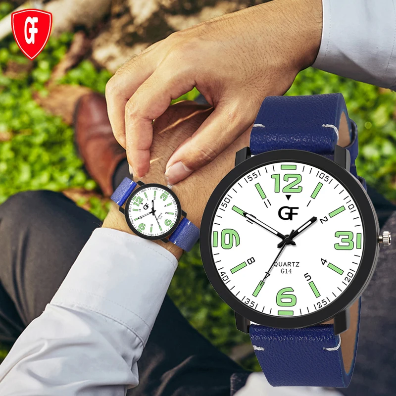 Кварцевые мужские часы с зеленым номером светящиеся бизнес дизайна кожаный