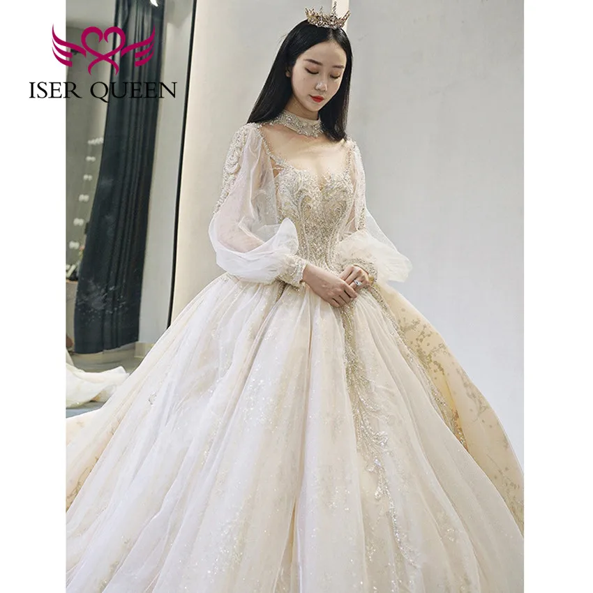 

High Collar Sheer Neck Lantern Sleeves wedding dress 2021 Luxury beaded Lace Top Court Train Bride Dress Ball Gown WX0244