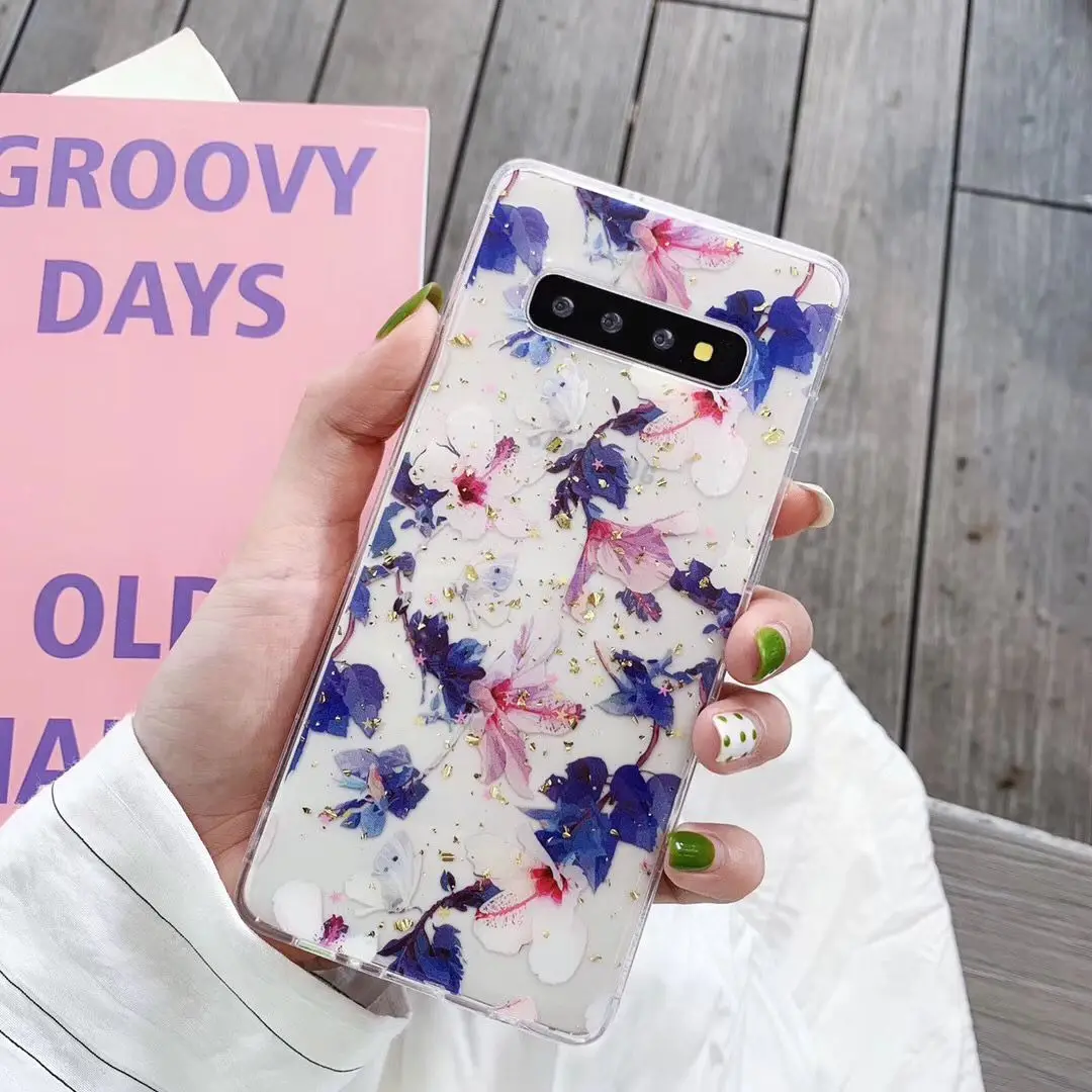 Для iPhone 6 6s 7 8 Plus 10 X XS XR Max Цветочный блеск блестящий золотой фольгой прозрачный