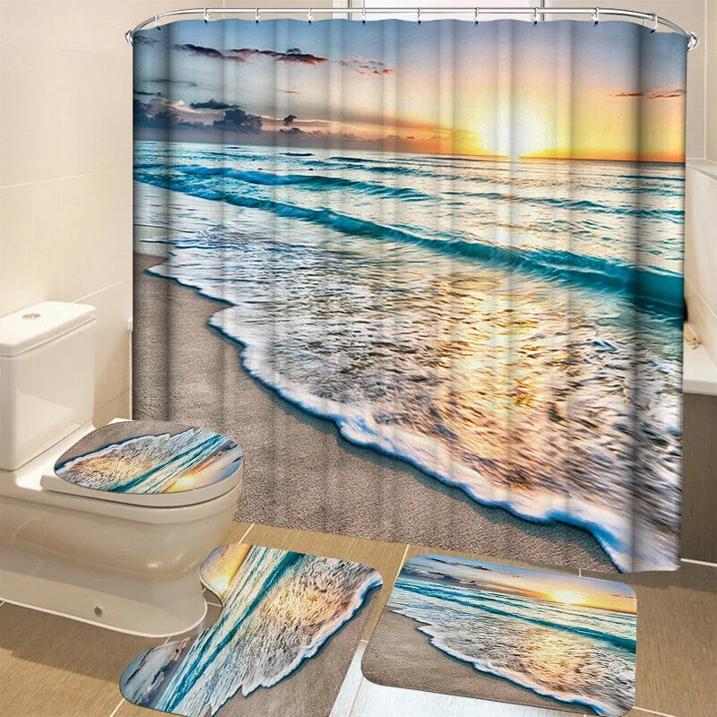 

Bathroom Shower Curtain+Non-Slip Bath Mat Pedestal Toilet Seat Cover Lid Rug 4PCS Bathroom Set