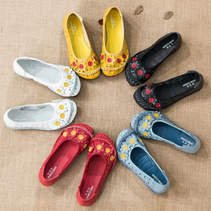 

Authentic Leather Ballerina Shoes Women's Ballet Flats Hollow Loafers Ladies Floral Moccasins Woman Driving Shoes
