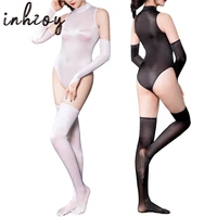 women sexy glossy bodysuit oil shiny stretchy sleeveless high cut bodycon jumpsuit swimwear swimsuit with stocking gloves