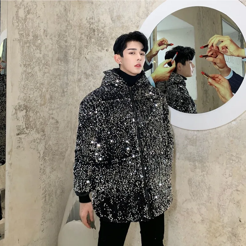 Winter Thickened Bright Parka Men's Warm Fashion Casual Hooded Coat Men Streetwear Wild Loose Hip Hop Performance Jacket Mens