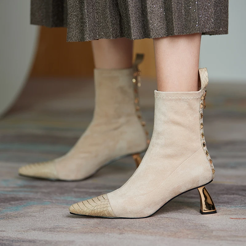 

Donna-in 2020 Splicing Snakeskin Rivet Women Boots Winter New Fashion High Heel Stiletto Short Chelsea Stretch Boot Female Shoe