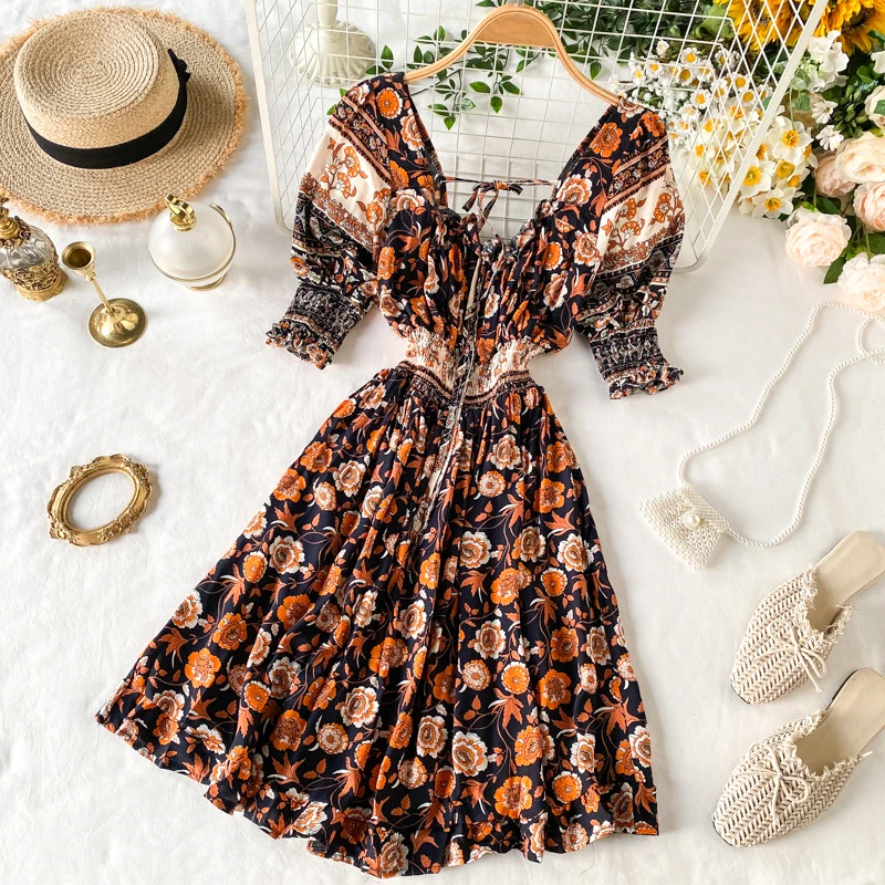 2020 Новая мода Женская одежда пышные рукава платье с принтом женские