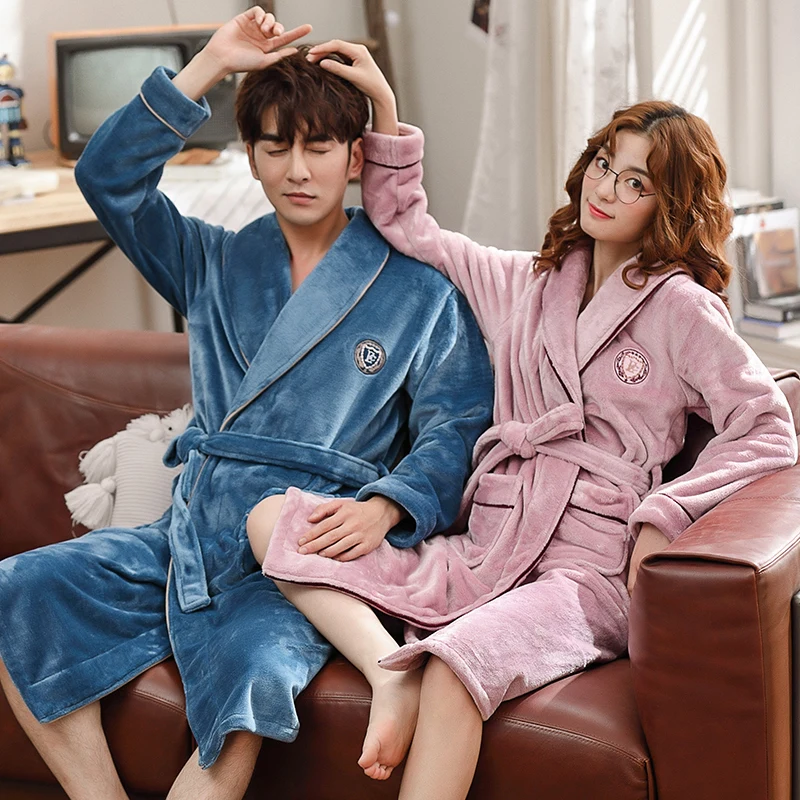 Банный халат мужской длинный фланелевый Халат-кимоно с поясом синим значком