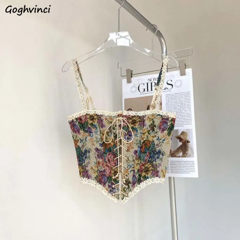 

Винтажный цветочный топ во французском стиле, Женский облегающий пикантный Тонкий Топ-труба в стиле High Street, кружевной топ на бретелях-спаге...