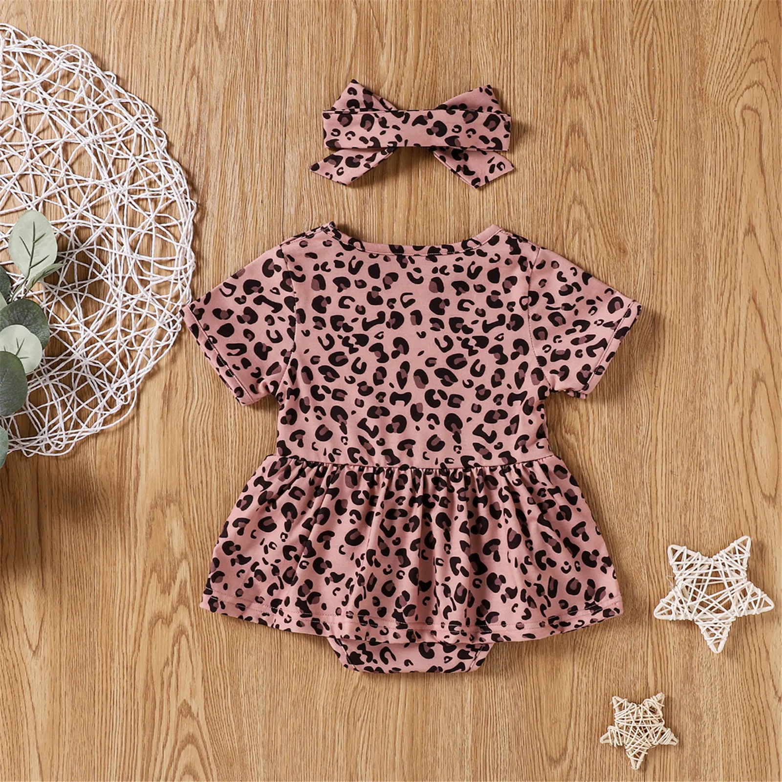 

Baby Girl\u2019s Short-sleeved Romper Summer Fashion Leopard Pattern Skirt Jumpsuits Headband 0-24M