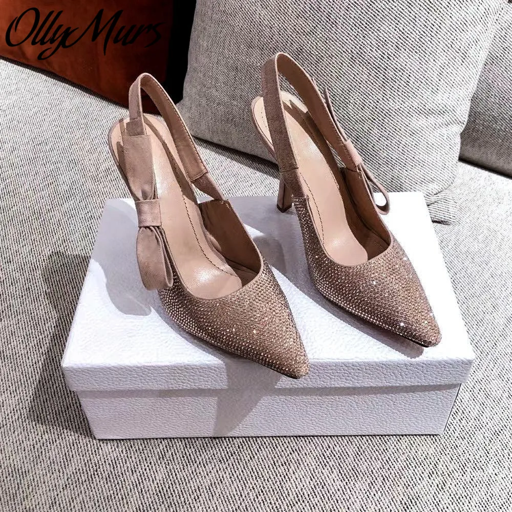 

Ollymurs New Spring Summer HIgh Quality Crystalbeading Wedding Pumps Bowtiw Sling Back High Heels Shoes Women