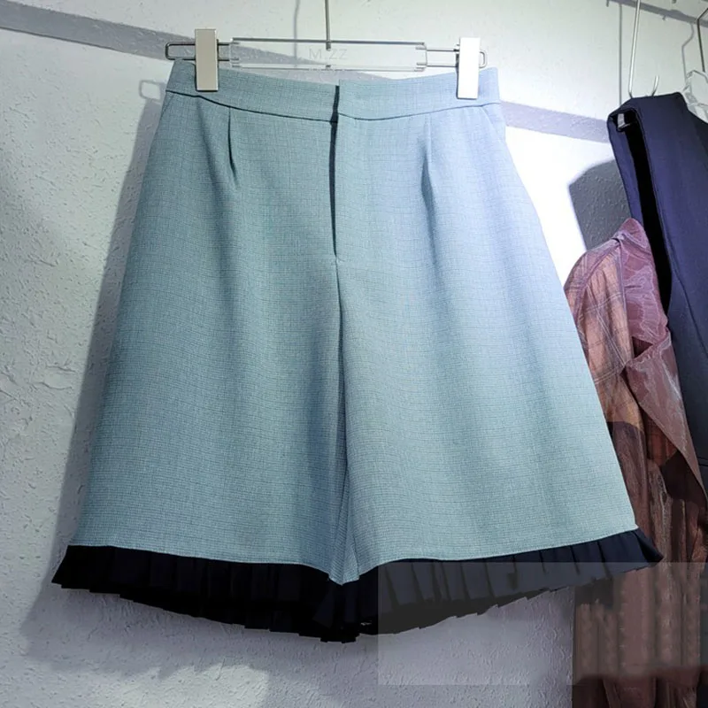 

SeeBeautiful Two Pieces Pleated Stiching Notched Short Sleeve Loose Blazer Coat Shorts Sets New Fashion 2021 Summer Women E866