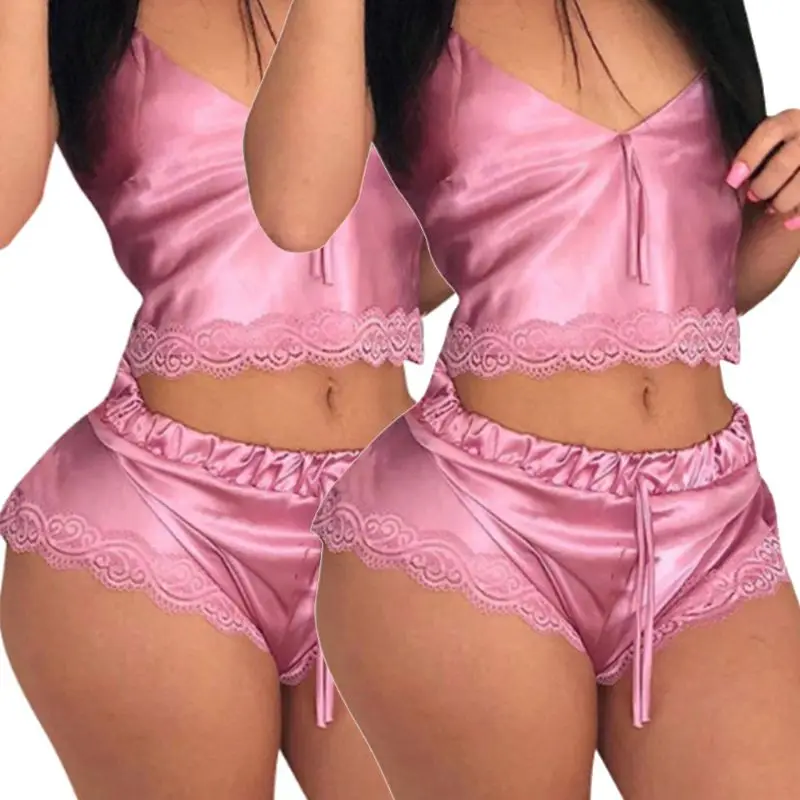 

Women Sexy Satin Pajamas Set Sleeveless V-Neck Crop Top Lace Shorts Sleepwear 83XF