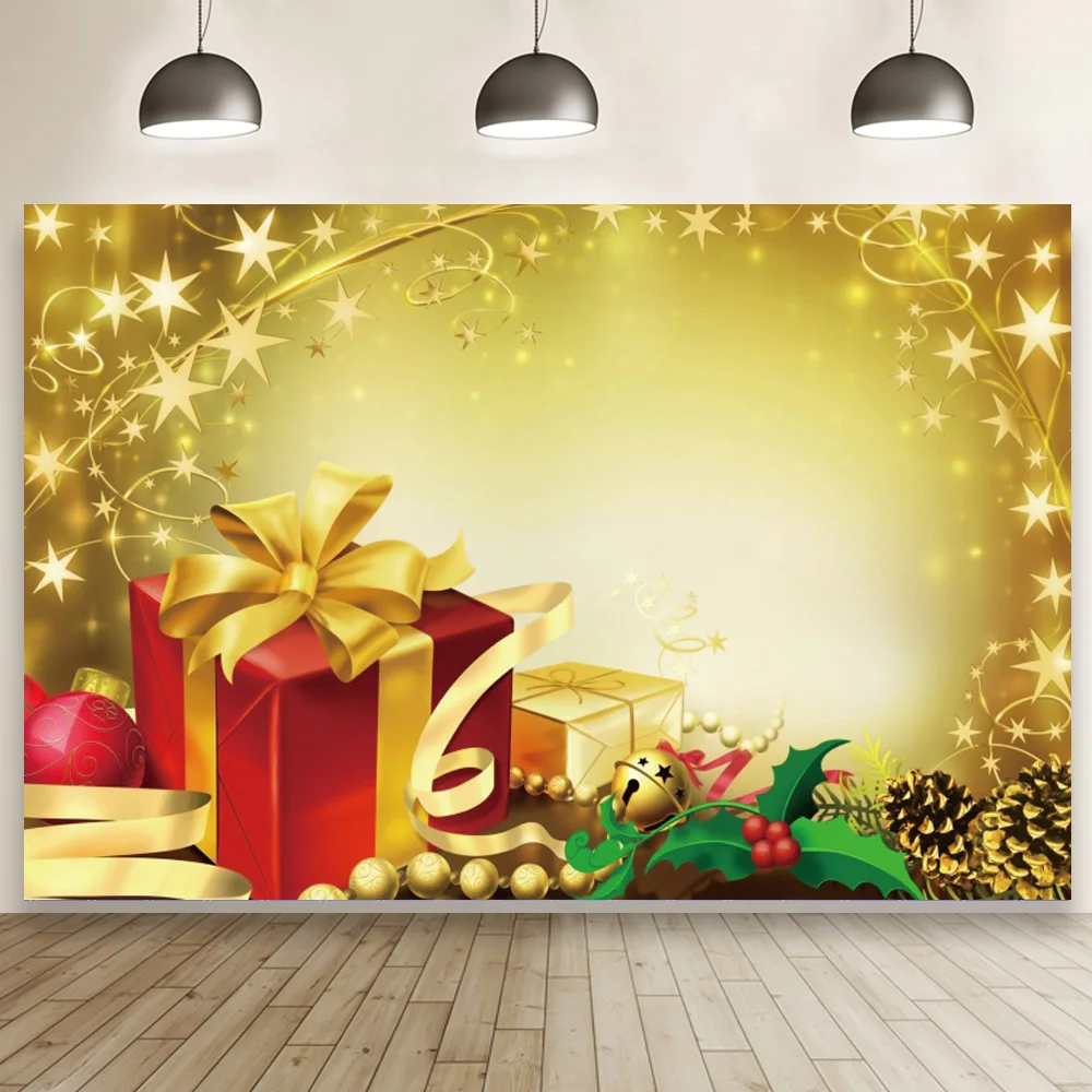 

Золотые звезды свет боке подарочные коробки колокольчики Счастливого Рождества фото фон с новым годом празднования вечерние Фон фотографи...