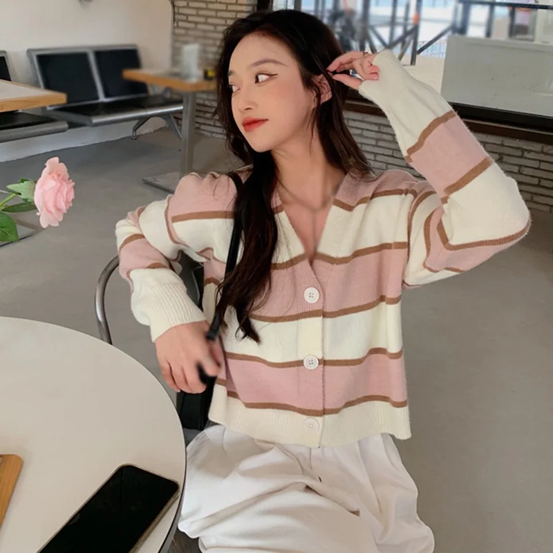 

Autumn Women Cardigan Sweater Button Striped Knitted Cardigan Coat Female Long Sleeve V-Neck Loose Casual Sweater