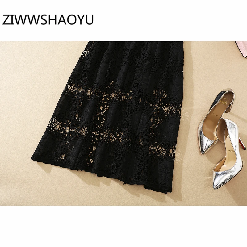 

ZIWWSHAOYU Summer Women Sweet Holiday Midi Dresses Fashion Designer Ladies White/Black Split Hollow Out Embroidery Dress