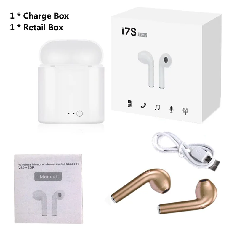 2 Gold Retail Box TWS i7S беспроводные наушники-вкладыши Bluetooth V5.0 гарнитура музыкальные наушники-вкладыши с зарядкой для iPhone Xiaomi всех смартфонов - Цвет: 2 Gold Retail Box