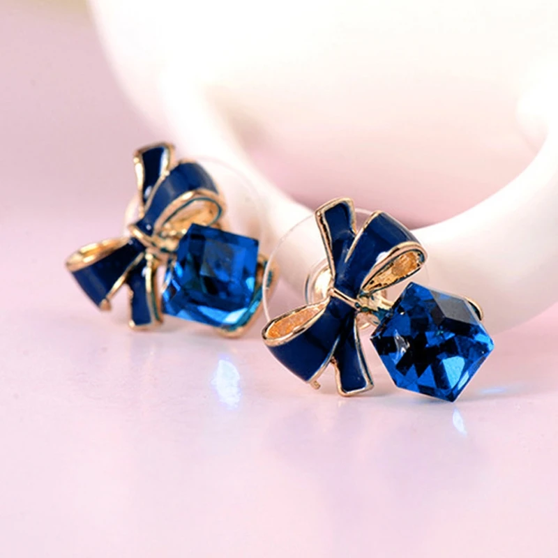 

69HB Crystal Blue Water Cube Box Bowtie Stud Earrings For Women Fashion Jewelry