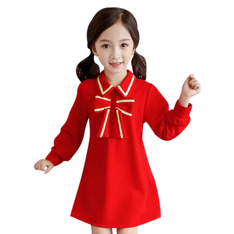 Autumn Casual Baby Girls Solid Print Long Sleeve Dress Kids Toddler Bow Design Pageant Dresses 2019 | Детская одежда и обувь