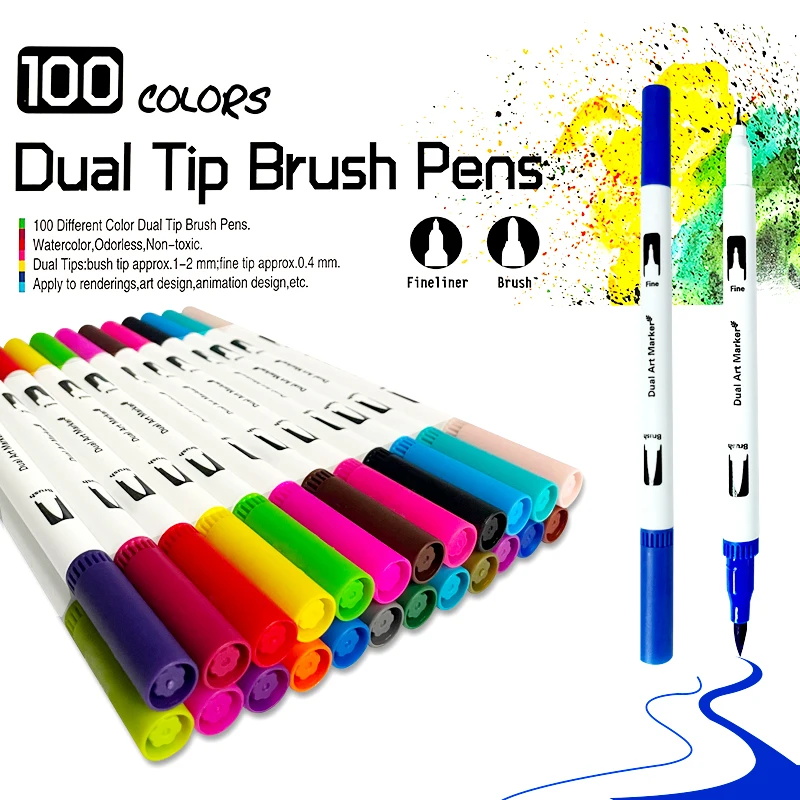 

120PCS Colors Dual Tip Brush Hand Painted Marker Pens Art Watercolor Fineliner Drawing Painting Stationery for Coloring Manga
