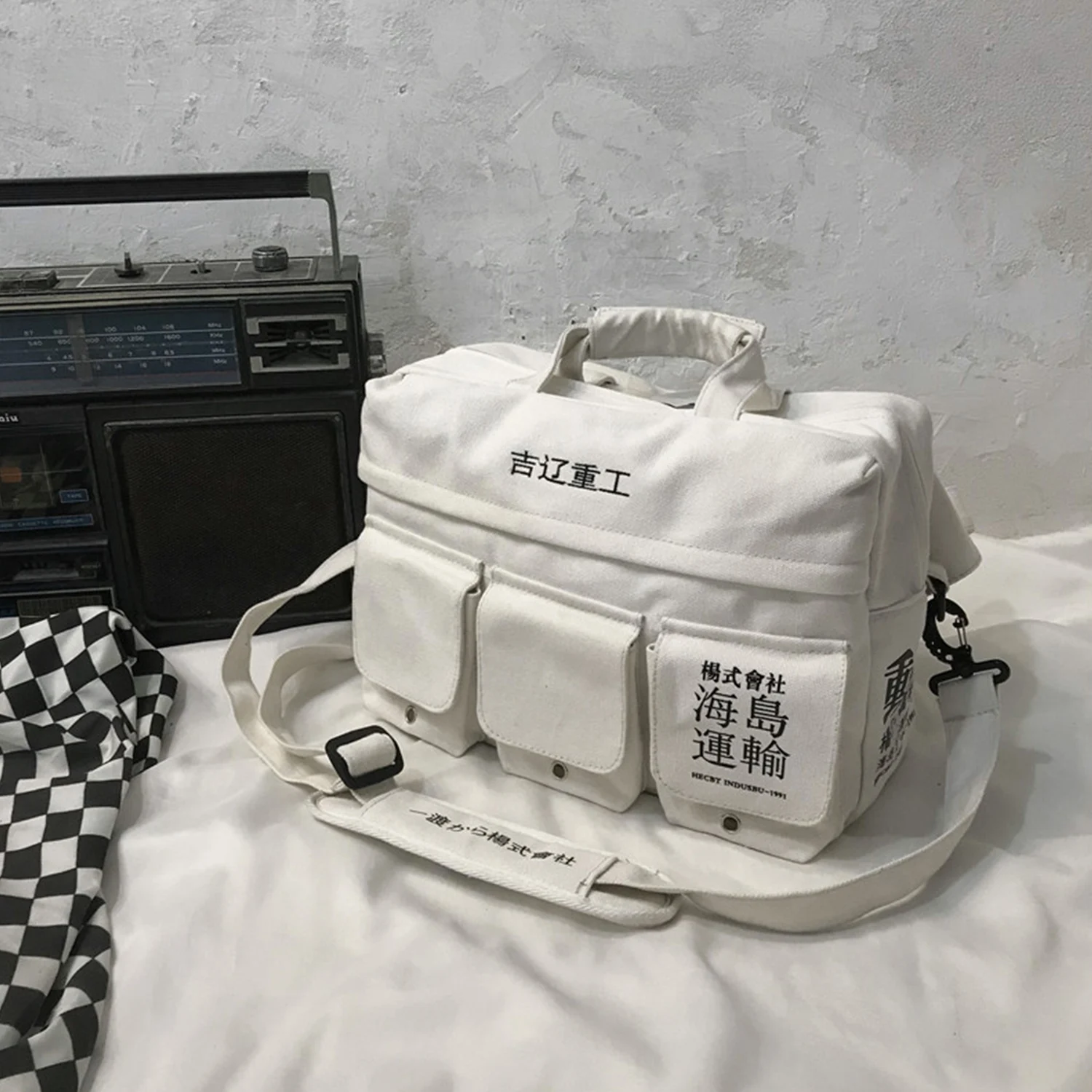 

Vintage Hip Hop Streetwear Shoulder Bag Canvas Multi Pockets Messenger Chest Crossbody School Bags Men Women