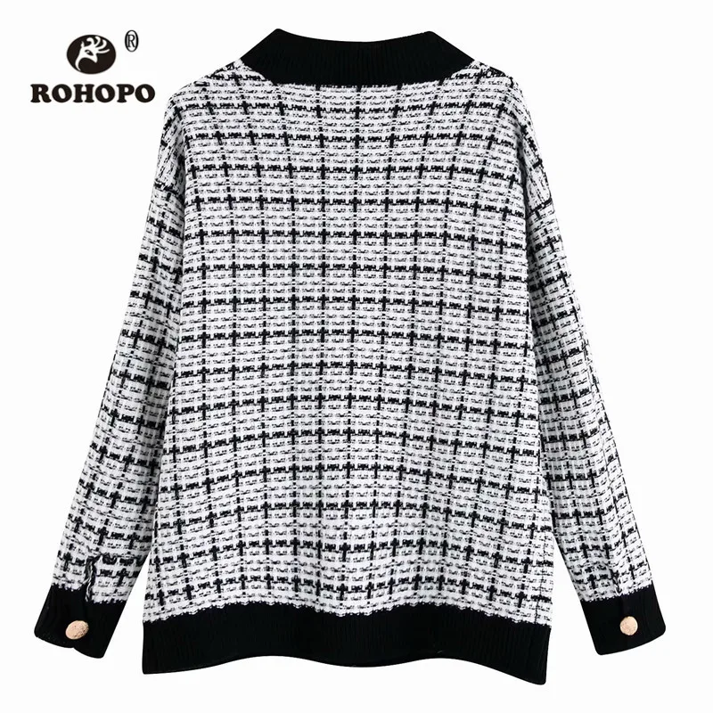 ROHOPO V Collar Long Sleeve Gold Buttons Fly Tweed Sweater Plaid Tops and side Welted Pockets Cardigan Knitted Outwear #9667 |