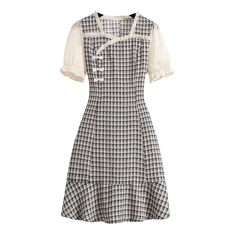 

Plus Size Women Elegant Chinese Cheongsam Dresses Summer 2021 Plaid Patchwork Short Sleeve Ladies Sexy Bodycon Party Dress 5XL