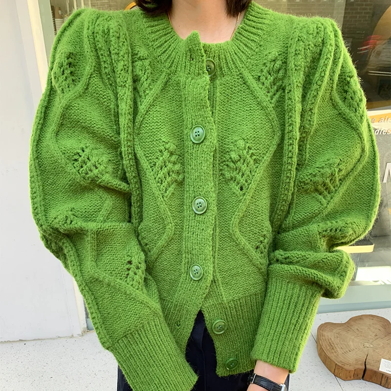 

Twist Puff Green Long Sleeve Women Cropped Cardigan Knitted Sweaters Fall Winter 2021 Korean Fashion Pink Vintage Lady Clothes